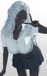 1girl absurdres alternate_costume black_skirt blush breasts cleavage closed_mouth collarbone dark-skinned_female dark_skin elden_ring elden_ring_nightreign hand_up highres large_breasts leaning_forward long_hair looking_at_viewer nail_polish nakaon parted_bangs pleated_skirt purple_eyes recluse_(elden_ring) shirt shirt_tucked_in short_sleeves skirt solo thighs v v_over_eye very_long_hair white_background white_hair white_nails white_shirt
