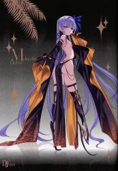 Rule 34 | 1girl, absurdres, ass, back, bare shoulders, bb (fate), bb dubai (fate), bb dubai (fate) (cosplay), belly chain, black dress, blue eyes, breasts, choco (chocolate shop), cleavage, cosplay, detached sleeves, dress, fate/grand order, fate (series), full body, highres, jewelry, long hair, looking at viewer, meltryllis (fate), necklace, pelvic curtain, prosthesis, prosthetic leg, purple hair, scan, sleeves past fingers, sleeves past wrists, small breasts, solo, very long hair, wide sleeves