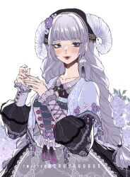 1girl apron black_dress black_headscarf blunt_bangs capelet collared_dress commentary cowboy_shot criis-chan cross-laced_clothes cross-laced_top curled_horns dress earrings english_commentary floral_print flower flower_earrings frilled_vest frills fringe_trim goat_horns grey_apron happy headscarf horns horns_through_headwear infinity_nikki jewelry lace-trimmed_apron lace_trim lavender_(flower) lipstick long_sleeves makeup nail_polish nikki_(series) pansy pastoral_dance_(infinity_nikki) petals puffy_long_sleeves puffy_sleeves purple_capelet purple_flower purple_nails purple_vest red_lips rose_petals simple_background single_earring smile solo standing tassel tassel_earrings twitter_username vertical-striped_sleeves vest waist_apron white_background white_horns