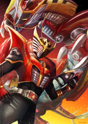 1boy absurdres advent_deck alternate_costume armor belt bodysuit compound_eyes contract_monster dragon dragreder dragvisor eastern_dragon fire full_body gloves heisei helmet highres holding holding_weapon kamen_rider kamen_rider_ryuki kamen_rider_ryuki_(series) kamen_rider_ryuki_survive looking_at_viewer male_focus official_alternate_costume red_eyes ryotaros solo standing tokusatsu v_buckle weapon yellow_eyes