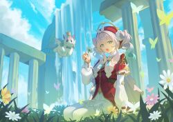 1girl :d aqua_bow aqua_bowtie aqua_eyes aqua_hair blue_sky bow bowtie bug butterfly cloud commentary dalmo_(pafe2444) day dress drill_hair field flower flower_field full_body gradient_hair grass hat highres holding holding_flower honkai:_star_rail honkai_(series) hyacine_(honkai:_star_rail) insect little_ica_(honkai:_star_rail) long_hair long_sleeves looking_at_viewer multicolored_hair on_grass open_mouth outdoors pantyhose pegasus pink_flower pink_hair puffy_long_sleeves puffy_sleeves red_dress red_hat sitting sky smile solo stone_pillar twintails two-tone_hair water waterfall white_flower white_pantyhose