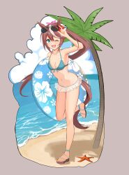 1girl absurdres animal_ears beach bikini blue_bikini blue_eyes blue_innertube blue_sky breasts brown_hair cleavage cloud day eyewear_on_head front-tie_bikini_top front-tie_top grey_background highres horizon horse_ears horse_girl horse_tail long_hair multicolored_hair ocean open-toe_shoes outdoors palm_tree ponytail simple_background sky sky_wing12 small_breasts smile solo standing starfish streaked_hair sunglasses swimsuit tail tokai_teio_(umamusume) tree two-tone_hair umamusume white_hair