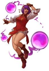 Rule 34 | 1girl, asamiya athena, bike shorts, boots, breasts, curvy, dress, female focus, funeralwind, hairband, hands up, huge breasts, large breasts, leg up, magic, magical girl, open mouth, pale skin, pants, purple eyes, purple hair, short hair, shorts, skirt, smile, smiley face, star (symbol), the king of fighters, the king of fighters xv, thick thighs, thighs, wide hips