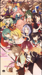 1boy 6+girls anchor_symbol animal_ears antenna_hair basket bishamonten&#039;s_pagoda bishamonten&#039;s_spear black_hair blonde_hair blue_bow blue_eyes blue_hair blue_neckwear bow bowtie bracelet brown_hair capelet closed_eyes coat commentary_request crossed_arms drill_hair flower folding_fan futatsuiwa_mamizou glasses gradient_hair green_eyes green_hair grey_hair hair_bow hair_ornament half-closed_eyes hand_fan hat hat_bow hata_no_kokoro highres hijiri_byakuren hishaku hisona_(suaritesumi) holding holding_umbrella hood houjuu_nue jewelry karakasa_obake kasodani_kyouko kesa kiseru komeiji_koishi kumoi_ichirin ladle leaf leaf_on_head light_purple_hair light_smile long_sleeves looking_at_viewer lotus mask mini_hat mini_top_hat mouse_(animal) mouse_ears mouse_tail multicolored_hair multiple_girls murasa_minamitsu nazrin neckerchief necklace noh_mask one_eye_closed own_hands_together parted_lips partial_commentary pendant pince-nez pink_eyes pink_hair plaid_clothes plaid_shirt polearm purple_hair raccoon_ears raccoon_tail red_bow red_bowtie red_eyes ring round_eyewear sailor_collar sailor_hat shirt short_hair short_sleeves smoke smoking_pipe spear sunglasses tail tatara_kogasa third_eye tongue tongue_out top_hat toramaru_shou touhou twin_drills umbrella unzan weapon wings yellow_eyes yorigami_jo&#039;on