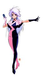 1980s_(style) 1girl black_gloves breasts closed_mouth earrings full_body gloves hoop_earrings jewelry kotobuki_tsukasa long_hair looking_at_viewer megazone_23 official_art oldschool pink_gloves retro_artstyle simple_background solo tokimatsuri_eve white_background