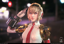1girl 3d aigis_(persona) android blair_armitage blonde_hair blue_eyes female_focus highres joints looking_at_viewer necktie persona persona_3 realistic robot_joints short_hair solo very_short_hair