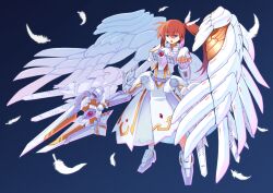 Rule 34 | 1girl, armor, armored dress, brown hair, dress, feathers, full body, gundam, gundam wing, gundam wing: endless waltz, hibun tsukasa, highres, long hair, lyrical nanoha, magical girl, mahou shoujo lyrical nanoha, mecha musume, mechanical wings, purple eyes, raising heart, side ponytail, solo, takamachi nanoha, very long hair, white dress, wing gundam zero custom, wings