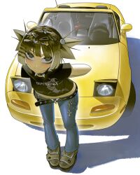 1girl absurdres bags_under_eyes belt belt_chain belt_charm black_belt black_shirt blonde_hair breasts car charm_(object) collar denim fashion from_above green_shoes grey_eyes hair_ornament highres jeans looking_at_viewer motor_vehicle original pants perspective raccoon_tails_(hairstyle) shirt shoes short_twintails simple_background small_breasts solo spiked_collar spiked_hair spikes steering_wheel twintails vinne white_background y2k_fashion yellow_car