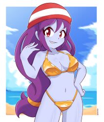 1girl beach bikini blue_skin breasts cleavage cloud collarbone colored_skin efextex gold_bikini golden_week golden_week_bikini grin hand_on_own_hip headscarf large_breasts long_hair looking_at_viewer navel ocean pirate purple_hair red_eyes red_headscarf risky_boots sand shantae_(series) sky smile standing swimsuit teeth water wayforward