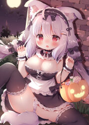 1girl absurdres ahoge animal_ear_fluff apron bat_(animal) bib_collar black_bow black_dress black_ribbon black_thighhighs blush bone_hair_ornament bow bowtie breasts brick_wall brooch candy cleavage commentary_request cross-laced_clothes cross-laced_dress detached_collar dress fang feet_out_of_frame food frilled_apron frilled_dress frilled_shirt_collar frills full_moon grass grey_hair grey_panties hair_bow hair_ornament hairclip halloween halloween_bucket highres jewelry large_breasts lollipop long_hair lyla_(momozu_komamochi) maid maid_headdress momozu_komamochi moon night night_sky on_ground open_mouth oppai_loli orange_bow original outdoors panties pantyshot red_eyes ribbon ribbon-trimmed_thighhighs ribbon_trim short_dress sitting sky solo striped_clothes striped_panties swirl_lollipop tearing_up thighhighs underwear very_long_hair waist_apron white_apron white_bow white_bowtie wilted_ahoge