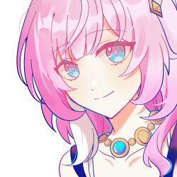1girl blue_eyes chinese_commentary commentary_request cyrene_(honkai:_star_rail) hair_ornament highres honkai:_star_rail honkai_(series) jewelry looking_at_viewer luohanhandewo medium_hair necklace pink_hair pink_pupils simple_background smile solo upper_body white_background white_hair