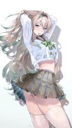 1girl absurdres arms_up black_sailor_collar brown_hair brown_skirt buttons commentary crop_top crop_top_overhang double-breasted english_commentary firefly_(honkai:_star_rail) firefly_(spring_missive)_(honkai:_star_rail) gradient_eyes gradient_hair hair_tie_in_mouth hairband highres honkai:_star_rail honkai_(series) long_hair long_sleeves looking_at_viewer midriff miniskirt mouth_hold multicolored_eyes multicolored_hair official_alternate_costume panties pantyshot plaid_clothes plaid_skirt pleated_skirt sailor_collar school_uniform see-through_silhouette serafuku shirt simple_background skindentation skirt smile solo thighhighs tinkst twisted_torso underwear very_long_hair white_background white_panties white_shirt white_thighhighs