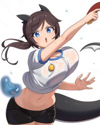 Rule 34 | 1girl, \||/, ajidot, animal ears, ball, black shorts, blue eyes, breasts, brown hair, cetacean tail, cleavage, commentary, cowboy shot, dot nose, fake animal ears, fins, fish tail, forehead, highres, large breasts, legs together, long hair, midriff, motion lines, navel, open mouth, original, outstretched arm, parted bangs, ponytail, shadow, shirt, short shorts, short sleeves, shorts, simple background, solo, speed lines, symbol-only commentary, table tennis, table tennis ball, tail, teeth, upper teeth only, v-shaped eyebrows, water drop, wet, wet clothes, wet shirt, white background, white shirt, ||/
