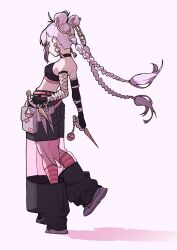 1girl braid dagger fishnets from_side gaako_illust holding holding_dagger holding_knife holding_weapon knife ninja original pink_hair solo twin_braids walking weapon
