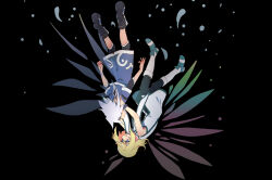 Rule 34 | azuma yukihiko, black background, black undershirt, blonde hair, blue eyes, blue jacket, blue shorts, bob cut, falling, floating hair, genius sage, hands on another&#039;s shoulders, jacket, leggings, looking at another, mithos yggdrasill, open mouth, shirt, shoes, shorts, sidelocks, simple background, sleeveless, sleeveless shirt, tales of (series), tales of symphonia, white hair, white shoes, wings