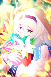 1girl bilingual_commentary black_hairband bouquet commentary electronduck english_commentary firefly_(honkai:_star_rail) firefly_(spring_missive)_(honkai:_star_rail) flower grey_hair grey_sailor_collar hair_between_eyes hairband highres holding holding_bouquet honkai:_star_rail honkai_(series) korean_commentary long_hair long_sleeves mixed-language_commentary official_alternate_costume purple_eyes sailor_collar school_uniform shirt smile solo twitter_username upper_body white_shirt