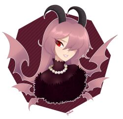 Rule 34 | 1girl, bead necklace, beads, black dress, closed mouth, cropped torso, demon girl, demon horns, dress, funamusea, gallaxi, hair over one eye, hair wings, horns, jewelry, lil (funamusea), long hair, looking to the side, necklace, outline, pink hair, pink lips, red eyes, signature, smile, teeth, transparent background, white outline