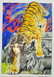 Rule 34 | 1boy, animal ears, blue background, blue sky, brown hair, closed mouth, commentary request, full body, highres, human head, long hair, looking at viewer, male focus, monster boy, nue, on rock, original, outdoors, rock, sky, sleipnirrrr, slit pupils, snake head tail, solo, standing, tail, tiger boy, tiger ears, walking, yellow eyes