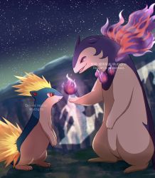 :o absurdres commentary_request creatures_(company) fangs fire from_side fuyu_(utngrtn) game_freak gen_2_pokemon highres hisuian_typhlosion night nintendo no_humans open_mouth outdoors pokemon pokemon_(creature) quilava red_eyes sky smile standing star_(sky) tongue watermark
