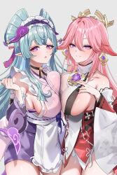2girls absurdres animal_ears anzu0130 apron bare_shoulders bell blue_hair blush breasts choker detached_sleeves earrings fox_ears frilled_hairband frills genshin_impact grin hair_ornament hair_stick hairband highres japanese_clothes jewelry jingle_bell large_breasts long_hair looking_at_viewer maid_headdress multiple_girls neck_bell necklace pendant pink_hair pointy_ears purple_eyes purple_skirt red_skirt revision sideboob sidelocks skirt sleeveless smile tail thighs very_long_hair waist_apron white_apron wide_sleeves yae_miko yumemizuki_mizuki