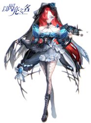 1girl absurdres bare_shoulders black_dress black_flower blue_eyes boots breasts bug butterfly cleavage collarbone commentary_request crossed_legs dress fishnets flower full_body hair_ornament hair_over_one_eye highres holding i.chi insect jewelry lace-up_boots long_hair looking_at_viewer original pantyhose red_hair ring rose sensitive simple_background solo standing veil very_long_hair white_background