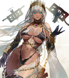 Rule 34 | 1girl, abs, absurdres, ballista, bare shoulders, bikini, black bikini, black gloves, blue eyes, breasts, chain, cleavage, crown, cuffs, dark-skinned female, dark skin, elbow gloves, fate/grand order, fate (series), gloves, gold chain, grey hair, highleg, highleg bikini, highres, jewelry, large breasts, long hair, looking at viewer, navel, neck ring, nishiide kengorou, shackles, smile, solo, swimsuit, thighhighs, thighs, toned, zenobia (fate)