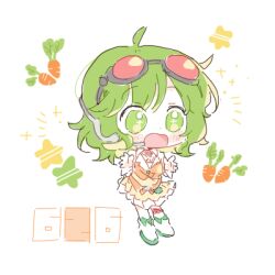 1girl afterimage ahoge boots bow carrot chibi collar collared_shirt colored_inner_hair commentary cs_voca footwear_bow frilled_skirt frills full_body goggles goggles_on_head green_bow green_hair grey-framed_eyewear gumi headphones headpiece kneehighs lowres medium_hair miniskirt motion_lines multicolored_hair notice_lines orange_shirt puffy_short_sleeves puffy_sleeves red-tinted_eyewear red_socks round_eyewear shirt short_sleeves simple_background single_kneehigh single_sock skirt socks solo sparkle star_(symbol) symbol-only_commentary tinted_eyewear vocaloid waving_hands white_background white_boots white_collar white_sleeves yellow_skirt