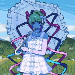 Rule 34 | 1girl, :o, alternate costume, blonde hair, blue eyes, blue hair, blunt bangs, bow, chouzetsusaikawa tenshi-chan, colored tips, cowboy shot, day, dress, hair bow, highres, hill, holding, holding umbrella, jewelry, looking at viewer, mountainous horizon, multicolored hair, necklace, needy girl overdose, outdoors, pearl necklace, pink hair, pixel art, quad tails, road, shaded face, solo, town, umbrella, uzume (uzm0), white dress, wrist cuffs