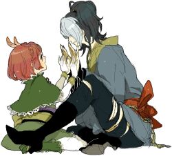 black_hair boots capelet chosokabe_motochika elbow_gloves gloves green_eyes hand_on_another&#039;s_hand hosokawa_gracia japanese_clothes kimono kinako_(marubotan) multicolored_hair obi red_hair sash sengoku_musou sitting smile torn_clothes two-tone_hair white_hair
