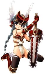 10s 1girl aqua_hair armor bikini_armor blue_eyes boots chainsaw_sword curvy female_focus highres long_hair looking_at_viewer mirim official_art queen&#039;s_blade queen&#039;s_blade_rebellion shield shiny_skin smile solo sword thighhighs tsurugi_hagane weapon