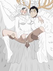 1boy 1girl black_clover blush cum cum_in_pussy drooling hetero highres horns aroused jormungandr3 lily_aquaria lucius_zogratis paladin pussy_juice sex wings
