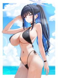1girl absurdres alternate_costume bikini black_bikini black_choker black_hair blue_archive blue_hair blue_halo border breasts choker cleavage commentary grey_eyes hair_intakes halo hand_up highleg highleg_bikini highres huge_breasts long_hair looking_at_viewer mizikayo multicolored_hair navel ocean outside_border paid_reward_available ponytail saori_(blue_archive) sidelocks solo standing stomach swimsuit thighs two-tone_hair variant_set white_border wristband