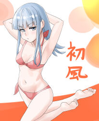 1girl alternate_costume arm_behind_head barefoot bikini blue_eyes blue_hair blunt_bangs breasts character_name hatsukaze_(kancolle) highres kantai_collection long_hair multicolored_background nekotarou_(nktr299) pink_bikini side-tie_bikini_bottom small_breasts solo swimsuit