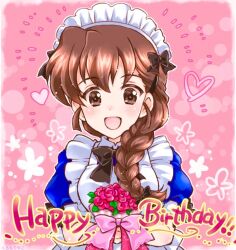 1girl alternate_costume apron black_bow black_bowtie black_ribbon blue_dress blush bow bowtie braid breasts brown_eyes brown_hair dress floral_background flower frilled_apron frilled_hairband frills girls_und_panzer hair_bow hair_ribbon hairband happy_birthday heart highres holding holding_flower kuromori_yako long_braid long_hair maid maid_apron maid_headdress open_mouth pink_background puffy_short_sleeves puffy_sleeves ribbon rukuriri_(girls_und_panzer) short_sleeves single_braid smile white_apron white_hairband