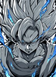 Rule 34 | 1boy, absurdres, angry, artist name, blue eyes, blue fire, chinese commentary, clenched teeth, commentary request, curtained hair, dragon ball, dragonball z, english text, eye trail, fire, flaming eye, grey hair, highres, liedein, light trail, long bangs, looking at viewer, male focus, medium hair, nose, partially colored, pectoral cleavage, pectorals, portrait, serious, shirt, signature, solo, son goku, spiked hair, super saiyan, super saiyan 1, teeth, twitter username