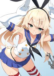 Rule 34 | absurdres, anchor, anchor hair ornament, black neckerchief, black panties, blonde hair, blue sailor collar, elbow gloves, gloves, green eyes, hair ornament, hairband, highleg, highleg panties, highres, horizontal-striped thighhighs, kantai collection, long hair, microskirt, neckerchief, panties, rabbit pose, sailor collar, shiba (zudha), shimakaze (kancolle), simple background, skirt, smile, solo, striped clothes, striped thighhighs, thighhighs, thong, underwear, white gloves