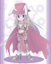 1girl animal_ears armor armored_boots belt bikini_armor boots brown_belt brown_thighhighs cape closed_mouth commentary_request cross_of_prontera dated_commentary fake_animal_ears full_body garter_straps grey_hair hat high_heel_boots high_heels holding holding_sword holding_weapon long_hair looking_at_viewer pelvic_curtain purple_eyes rabbit_ears ragnarok_online red_cape red_hat rune_knight_(ragnarok_online) sharari smile solo spiked_pauldrons star_(symbol) sword thighhighs torn_cape torn_clothes vambraces very_long_hair weapon