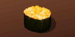 fish_(food) food food_focus gunkanmaki hisachan55cute ikura_(food) nori_(seaweed) original pixel_art red_background shadow simple_background still_life sushi