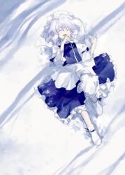1girl :d ^_^ ankle_garter apron arm_garter bloomers blue_ribbon blue_skirt blue_vest closed_eyes commentary from_above full_body hand_to_own_mouth hands_up happy hat highres kaigen_1025 knee_up lapel_pin letty_whiterock light_blush long_sleeves lying on_back on_ground open_mouth ribbon short_hair silver_hair skirt skirt_set smile snow socks solo touhou underwear vest waist_apron white_apron white_hat white_socks