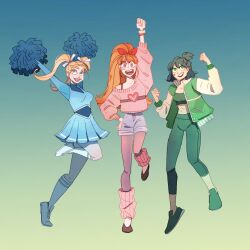 3girls aged_up alternate_costume arm_up arms_up bandaid bandaid_on_face black_hair blonde_hair blossom_(ppg) brown_eyes bubbles_(ppg) buttercup_(ppg) cheerleader crop_top full_body gradient_background green_eyes highres holding icandrawthingz jacket leg_warmers leggings letterman_jacket long_hair multiple_girls open_mouth orange_hair pants pom_pom_(cheerleading) ponytail powerpuff_girls shirt shoes shorts simple_background skirt smile sneakers sweater toon_(style) twintails