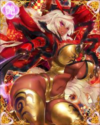 Rule 34 | 1girl, blonde hair, breasts, cleavage, curvy, dark-skinned female, dark skin, female focus, fingerless gloves, flower, fur trim, gloves, huge breasts, itou ittousai, itou ittousai (sengoku bushouki muramasa), katana, leotard, long hair, looking at viewer, nail polish, navel, parted lips, purple eyes, red eyes, sengoku bushouki muramasa, shiny skin, skindentation, smile, solo, standing, sword, tan, thick thighs, thighhighs, thighs, underboob, weapon, white thighhighs, wide hips