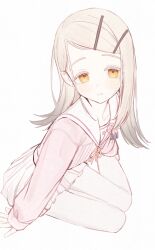1girl bare_legs blonde_hair blush colored_eyelashes commentary_request earrings flipped_hair gakuen_idolmaster gradient_hair grey_hair highres idolmaster jewelry long_hair long_sleeves looking_at_viewer multicolored_hair orange_eyes pink_serafuku pleated_skirt school_uniform serafuku shinosawa_hiro simple_background sitting skirt smile solo stud_earrings tsuchi_(sh_spica1) white_background yokozuwari