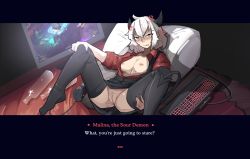 1girl absurdres alcohol bare_pectorals black_horns black_skirt black_tail black_thighhighs black_vest blush breasts computer demon_girl demon_horns demon_tail english_text fake_screenshot female_focus helltaker highres horns computer_keyboard lying malina_(helltaker) medium_breasts medium_hair monitor monster_girl computer_mouse nipples no_bra no_panties official_style on_back open_clothes open_shirt pectorals presenting pussy red_eyes red_shirt shirt short_hair shuuko_(s_h_uuko) skirt sleeves_rolled_up small_breasts solo spread_legs tail thighhighs vest vodka white_hair xcom_2