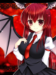 1girl asazuki_kanai bat_wings breasts embodiment_of_scarlet_devil female_focus head_wings highres kanai_amachi koakuma large_breasts long_hair necktie red_eyes red_hair red_necktie solo touhou wings