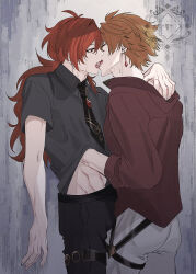 Rule 34 | 2boys, black necktie, black pants, black shirt, blue eyes, closed eyes, diluc (genshin impact), earrings, french kiss, genshin impact, grey pants, hair between eyes, highres, hiki yuichi, imminent kiss, jewelry, kiss, long hair, male focus, multiple boys, navel, necktie, open clothes, open mouth, open shirt, orange hair, pants, red eyes, red hair, red shirt, shirt, short hair, stomach, tartaglia (genshin impact), yaoi