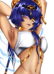 1girl accessories ancient_egyptian angry_eyes armpit_sweat armpits blue_hair candace candace_(genshin_impact) dark-skinned_female dark_skin genshin_impact heterochromia jewelry looking_at_viewer sweat sweatdrop wet white_background