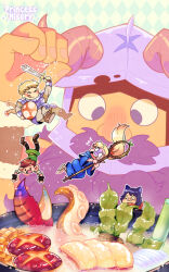 2girls 3boys :3 absurdres beard chilchuck_tims cooking dungeon_meshi dwarf excited facial_hair fake_horns falling helmet highres horned_helmet horns izutsumi laios_touden long_beard male_focus marcille_donato mini_person miniboy minigirl multiple_boys multiple_girls mustache portrait princessmisery scared senshi_(dungeon_meshi) solid_oval_eyes sprinkling thick_mustache very_long_beard wok
