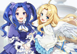 2girls ahoge blonde_hair blue_eyes blue_hair blush bow dress feathered_wings feathers filo_(tate_no_yuusha_no_nariagari) frilled_dress frilled_sleeves frills long_hair long_sleeves looking_at_viewer melty_q_melromarc multiple_girls nyoro_(nyoronyoro000) purple_bow purple_dress purple_eyes smile tate_no_yuusha_no_nariagari twintails white_dress wide_sleeves wings