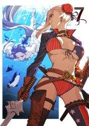 2girls absurdres american_flag american_flag_bikini american_flag_print asymmetrical_gloves belt bikini bird blue_eyes blue_ribbon boots border breasts brown_belt brown_footwear brown_gloves bun_cover caustics choker closed_mouth commentary diving earrings elbow_gloves fate/grand_order fate_(series) flag_print flag_print_bikini frilled_bikini frills galbi_(iouytuuyio) gloves gunblade hair_bun hair_ribbon highres holding holding_sheath holding_sword holding_weapon jacket jewelry large_breasts licking_lips long_hair long_sleeves looking_afar looking_to_the_side medium_hair meltryllis meltryllis_(fate) meltryllis_(swimsuit_lancer)_(fate) meltryllis_(swimsuit_lancer)_(third_ascension)_(fate) mismatched_thighhighs miyamoto_musashi_(fate) miyamoto_musashi_(fate/grand_order) miyamoto_musashi_(swimsuit_berserker)_(fate) miyamoto_musashi_(swimsuit_berserker)_(second_ascension)_(fate) multi-strapped_bikini_bottom multiple_girls navel outside_border pearl_earrings penguin pink_hair print_bikini print_swimsuit print_thighhighs profile prosthesis prosthetic_leg purple_hair ribbon sheath shrug_(clothing) side_ponytail single_elbow_glove single_hair_bun single_side_bun single_thigh_boot smile swimsuit sword thigh_boots thighhighs tongue tongue_out underwater uneven_gloves very_long_hair water weapon white_bikini white_border