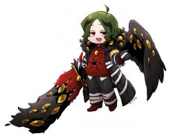 1other ahoge black_coat black_feathers black_gloves black_pants coat e.g.o_(project_moon) employee_(project_moon) feathers gloves greatsword green_hair highres holding holding_sword holding_weapon lobotomy_corporation looking_at_viewer medium_hair nugget_(project_moon) open_mouth pants parted_bangs project_moon red_shoes red_sweater shoes single_wing smile sweater sword twilight_(e.g.o) weapon wings yatsumeunagi